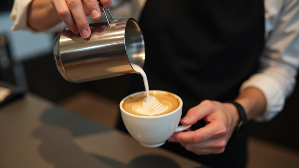 Barista pouring steamed milk into espresso creating latte art pattern on coffee surface in white cup