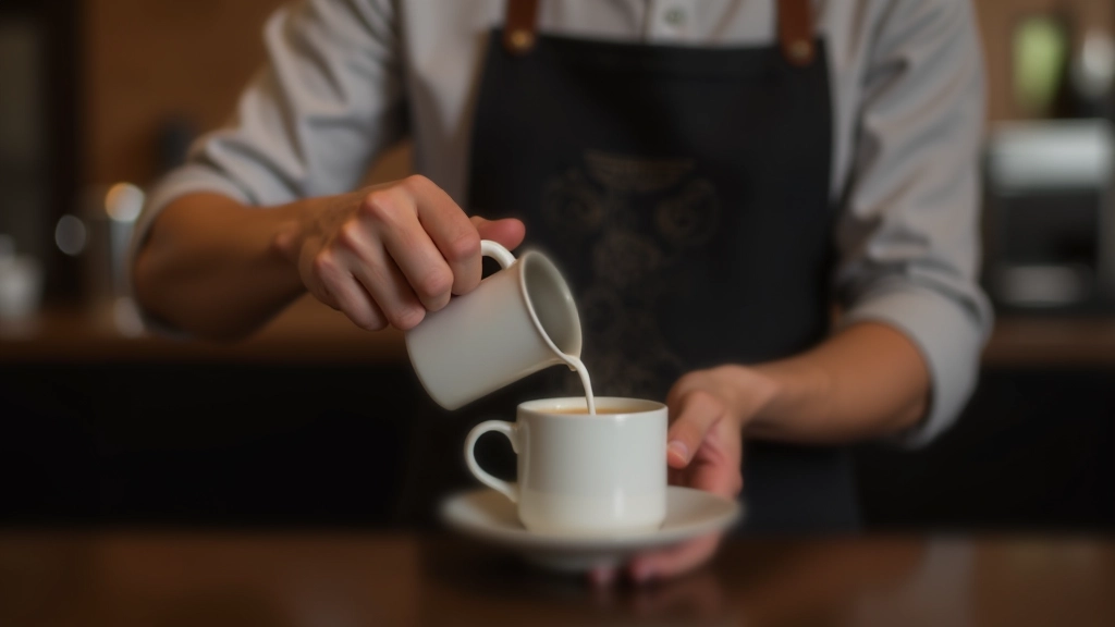 Barista demonstrating milk pouring technique over espresso shot in white ceramic cup, showing proper wrist angle and pitcher position