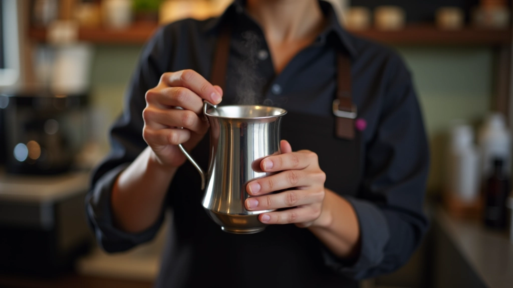 Barista steaming milk in metal pitcher, hand positioning pitcher correctly in espresso machine, professional café training, close-up side view, sharp focus