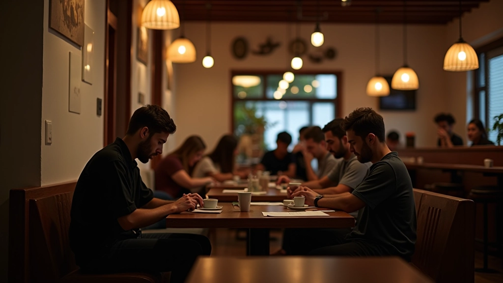 Café interior showing comfortable seating arrangement, ambient warm lighting, customers working quietly at tables, peaceful work environment