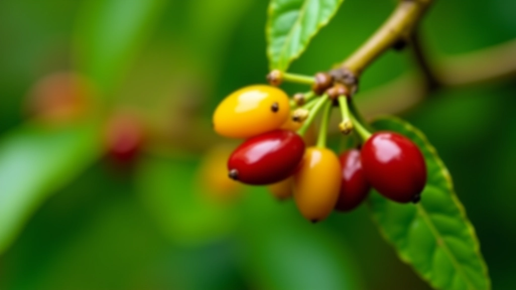 Close-up of coffee cherries in various stages of ripeness on coffee plant branches with green leaves and afternoon light