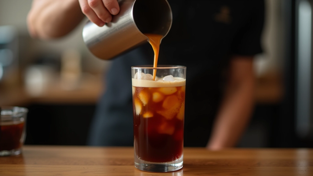 Cold brew concentrate in glass bottle with ice cubes and milk being poured, condensation on glass, bright natural light, modern café counter, sharp focus
