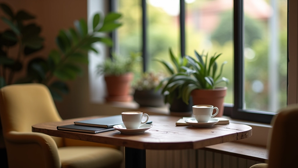 Cozy café workspace with laptop and coffee