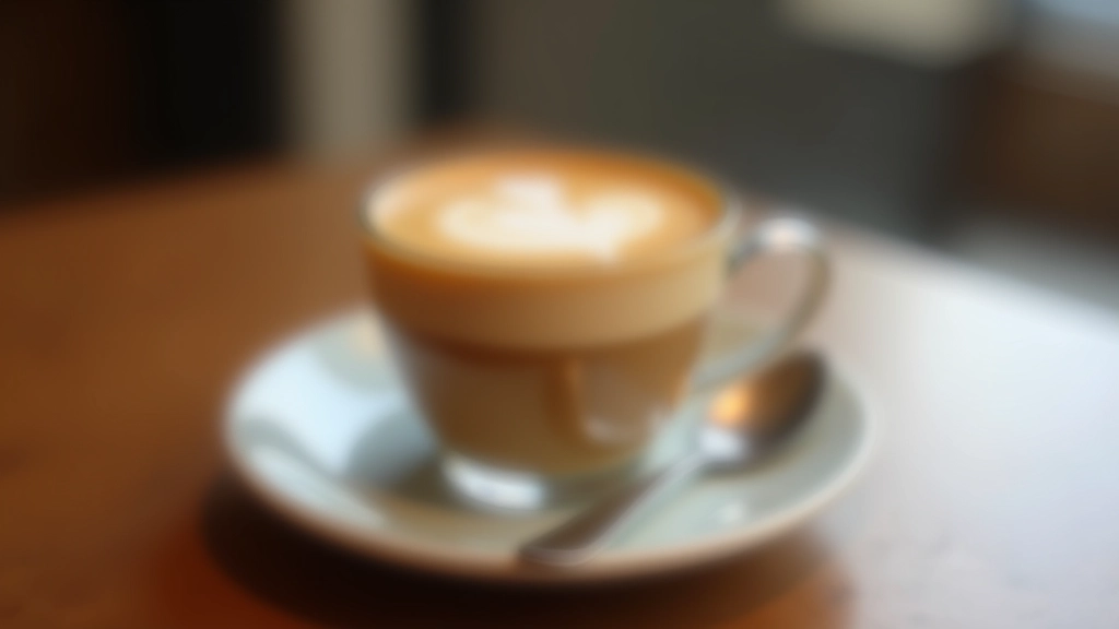 Cortado coffee served in small glass cup showing equal layers of espresso and milk with no foam, modern café setting, overhead shot, crisp lighting
