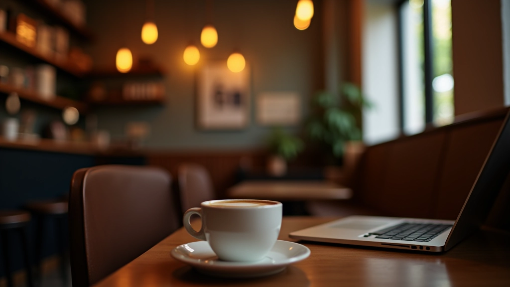Cozy specialty café interior with wooden tables soft warm lighting and comfortable seating perfect for working
