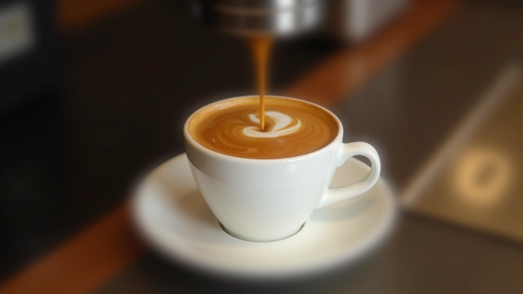 Close-up of espresso extraction into ceramic cup, showing rich crema and amber liquid, professional café setting, sharp focus