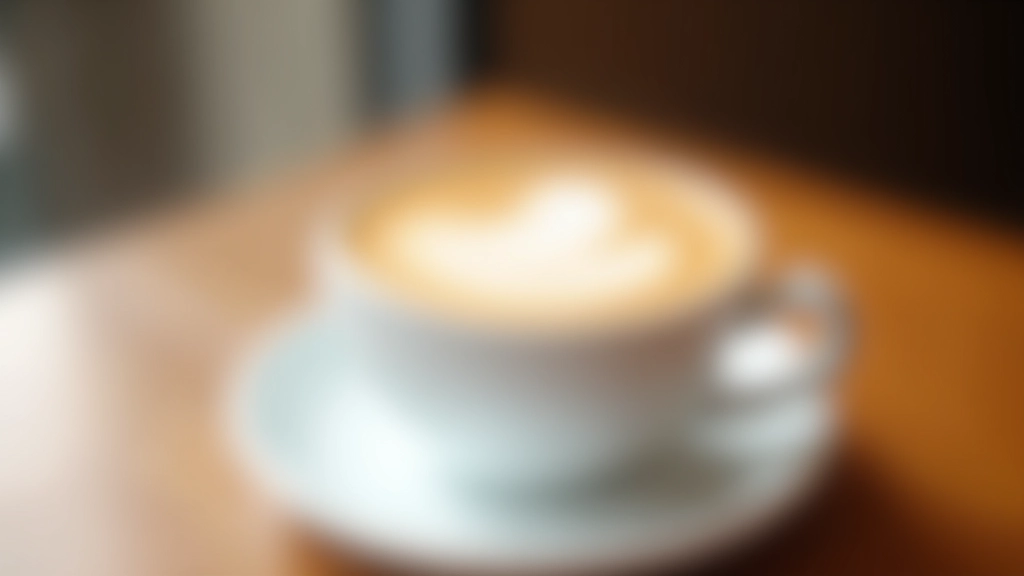 Flat white coffee with perfect microfoam art in ceramic cup on wooden café table, morning light from window, shallow background, crisp detail