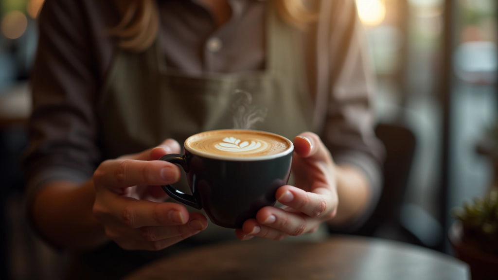Hand holding coffee cup with steam rising, specialty café background blurred, warm natural light from window