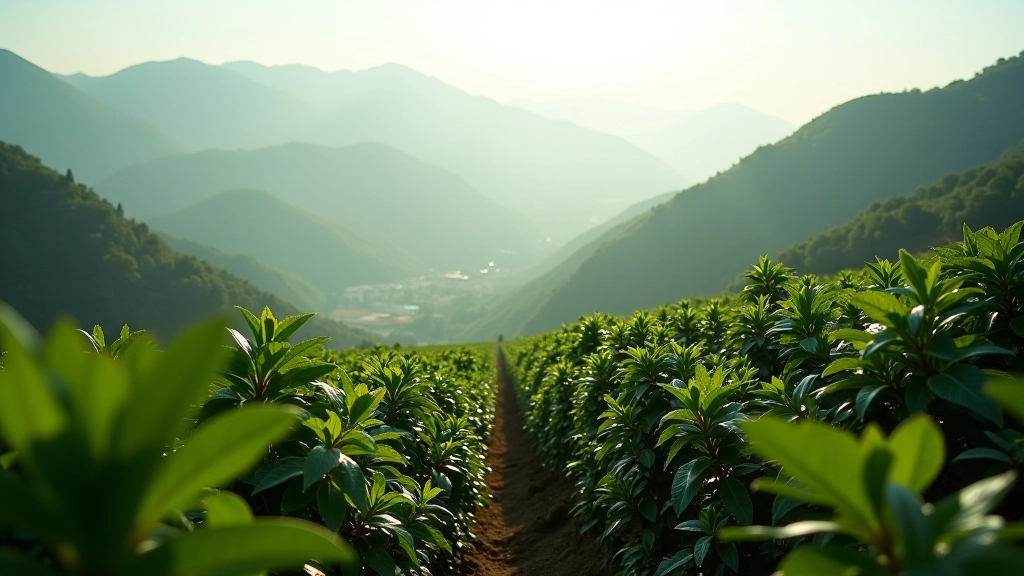 Mountain coffee plantation at high altitude with coffee plants in rows on misty slopes and morning light breaking through clouds