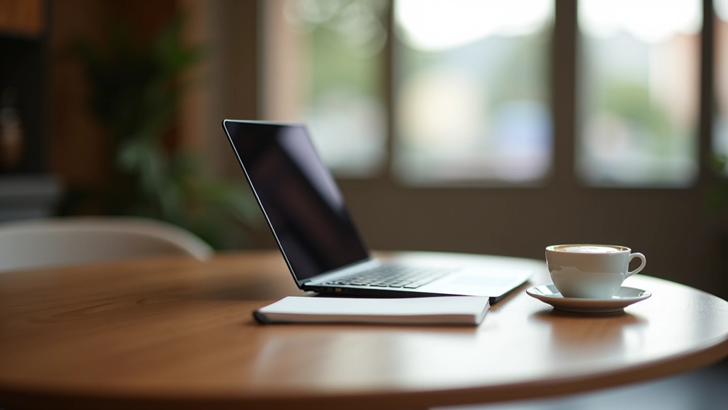 Modern café workspace with laptop setup, natural lighting from windows, comfortable chair, and organized desk space