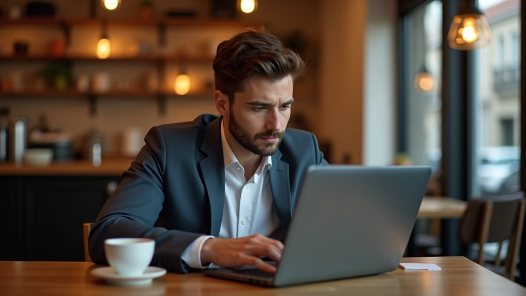 Person using laptop in café, focused on work with coffee nearby, professional remote work setup