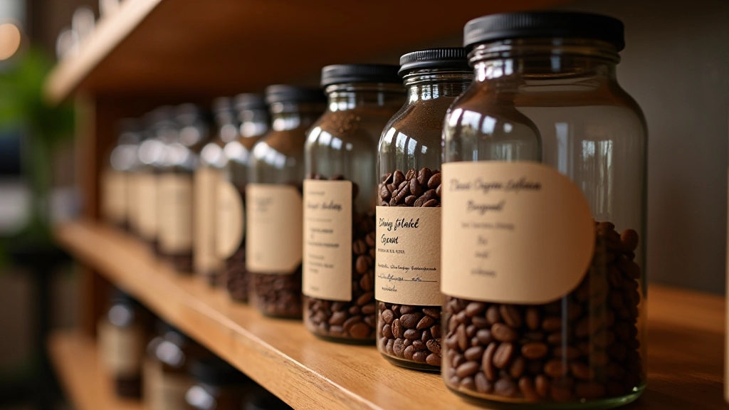 Selection of single-origin coffee beans in glass jars displayed at specialty roastery with labels showing origin countries and elevation details