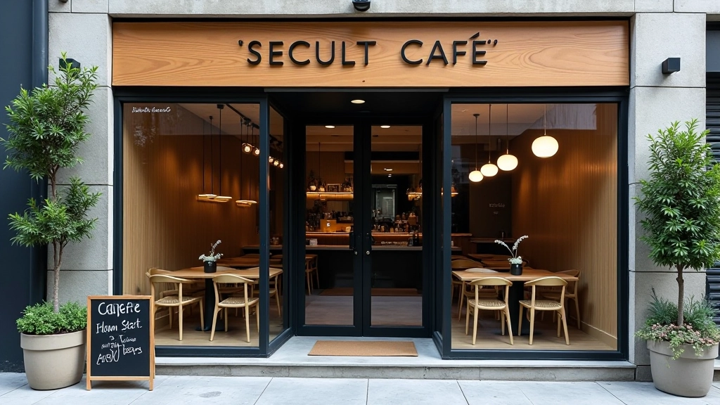 Street view of specialty café storefront in Turkish city, modern minimalist design, welcoming entrance with large windows