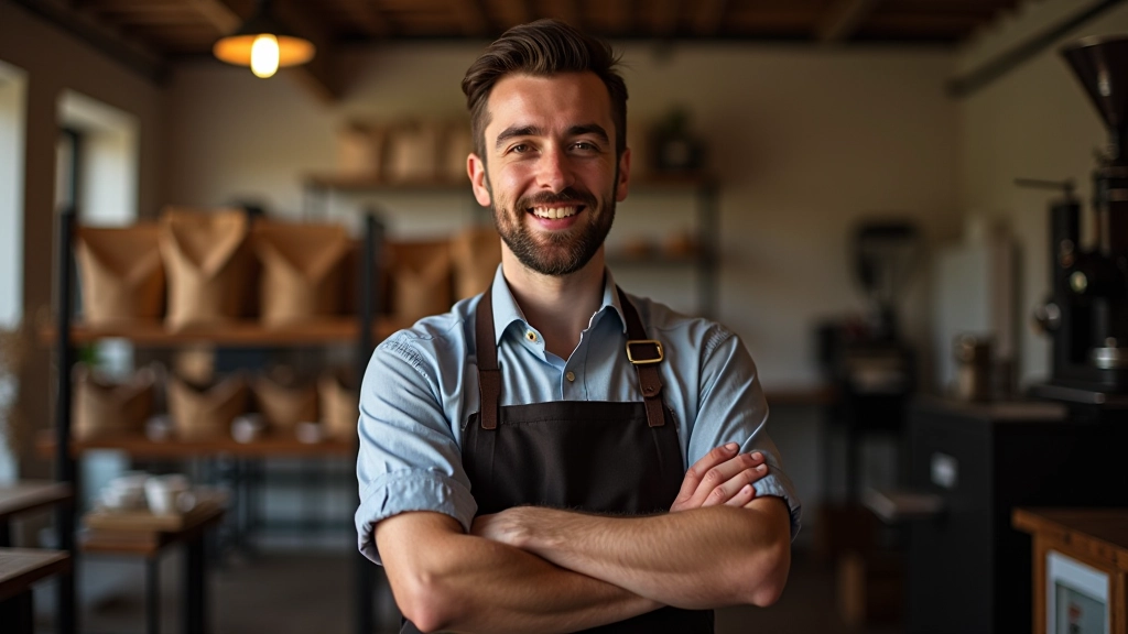 Specialty coffee roastery with roasting equipment and bags of single-origin beans organized on shelves with origin labels visible