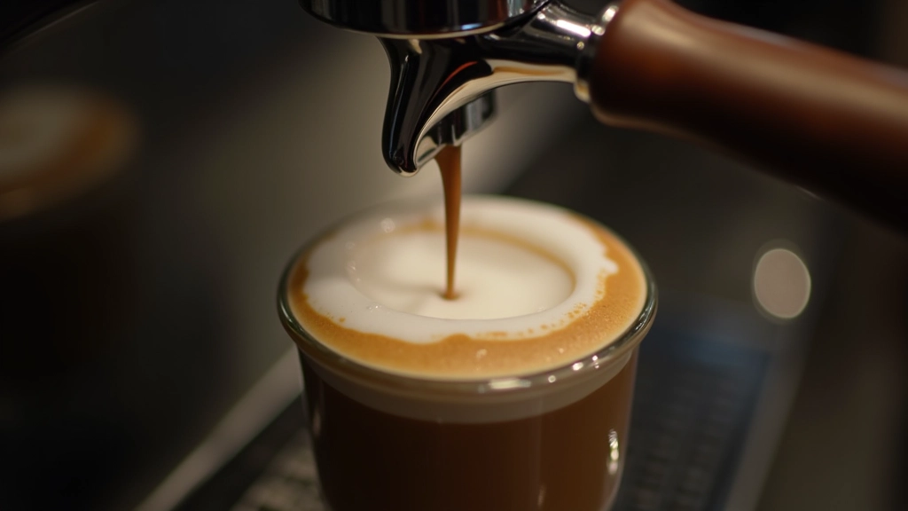 Close-up of milk pitcher being steamed with espresso machine steam wand, showing microfoam texture and professional technique