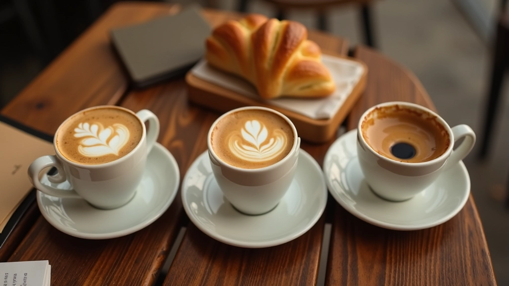 Three specialty coffee drinks arranged side by side showing flat white cortado and cold brew in different glass cups